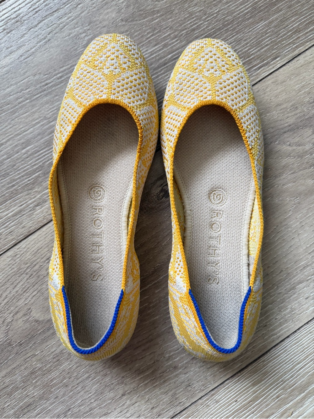 Rothy's Yellow and Cream Knit Ballet Flats with Blue Trim